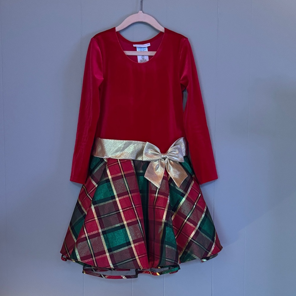 Girls Red Velvet & Plaid Holiday Dress with Gold Bow